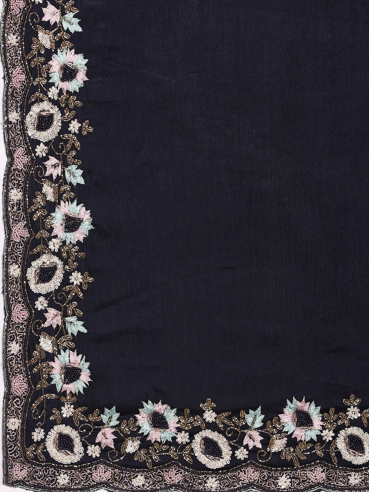 Neerus Black silk embroidered saree - detail view 3