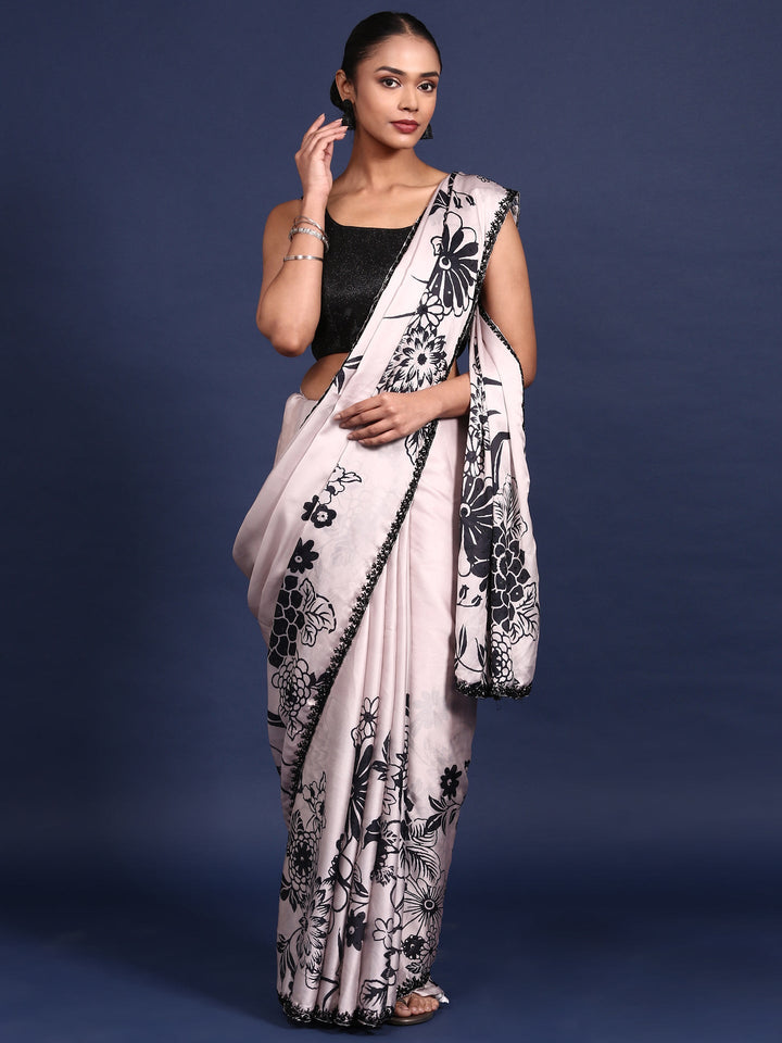 Neerus Beige crepe woven saree - front view