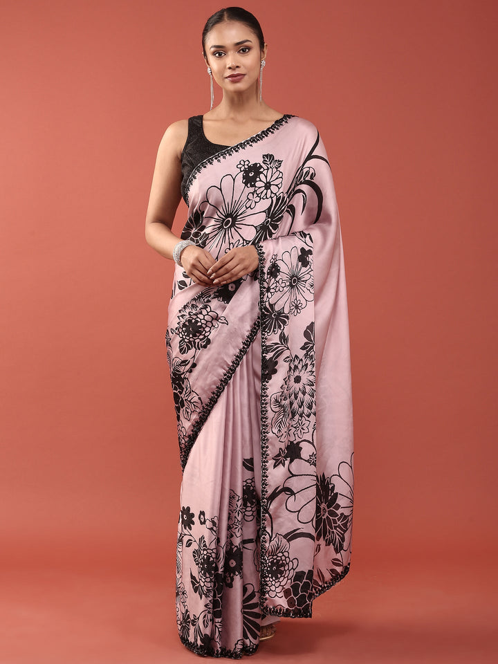 Neerus Pink crepe woven saree - front view