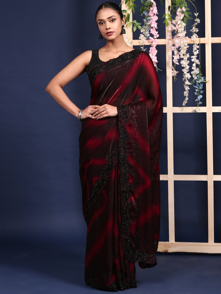 Maroon Shimmer Stone And Thread Embroidery Saree