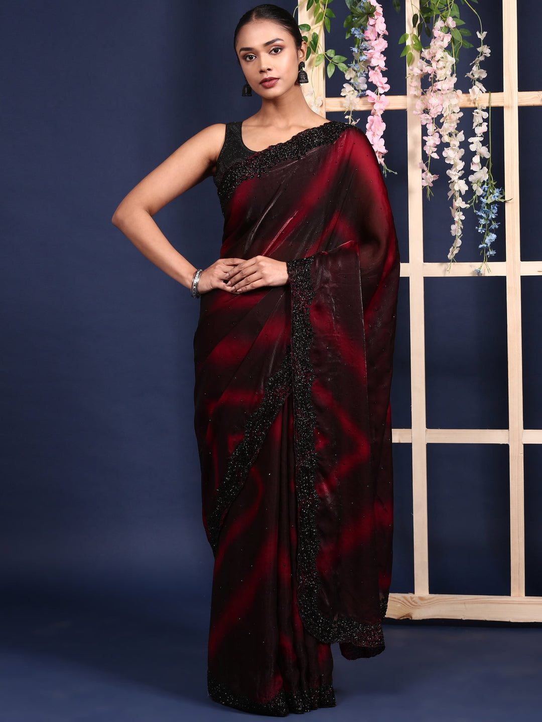 Neerus Maroon embellished shimmer saree - detail view 1