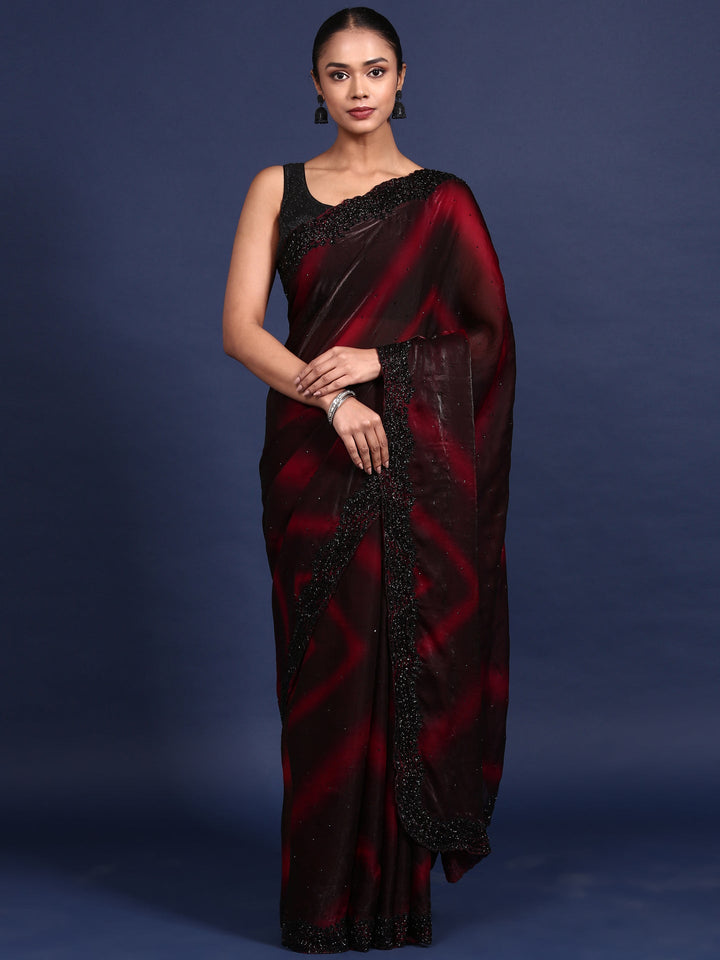 Neerus Maroon embellished shimmer saree - front view
