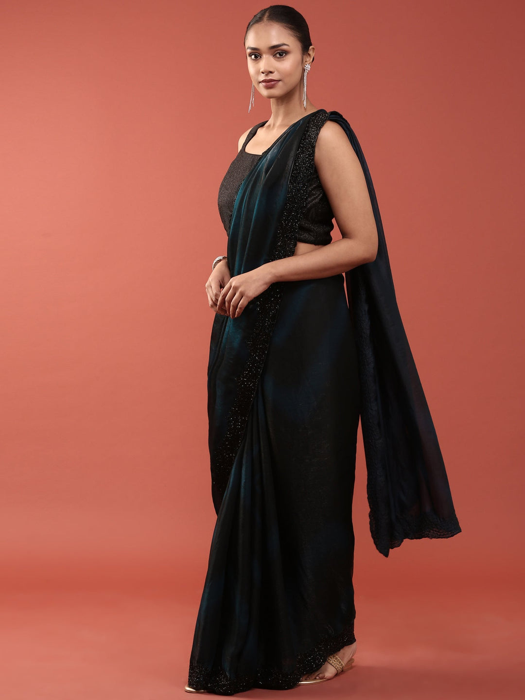Neerus Blue embellished peacock motif saree - detail view 1