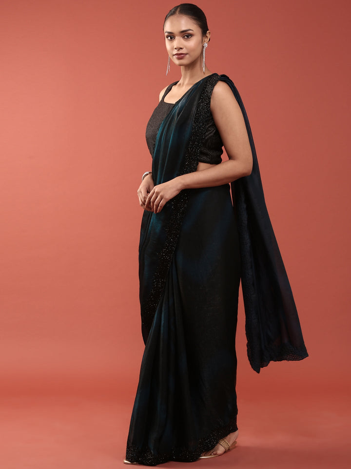 Neerus Blue embellished peacock motif saree - detail view 1