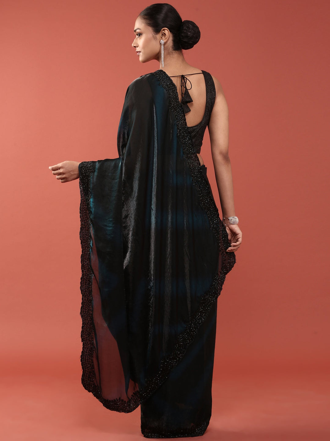 Neerus Blue embellished peacock motif saree - back view