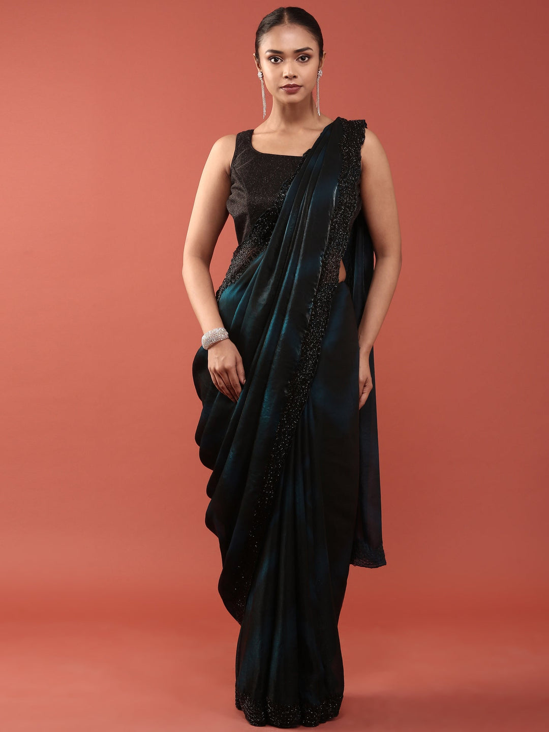 Neerus Blue embellished peacock motif saree - front view