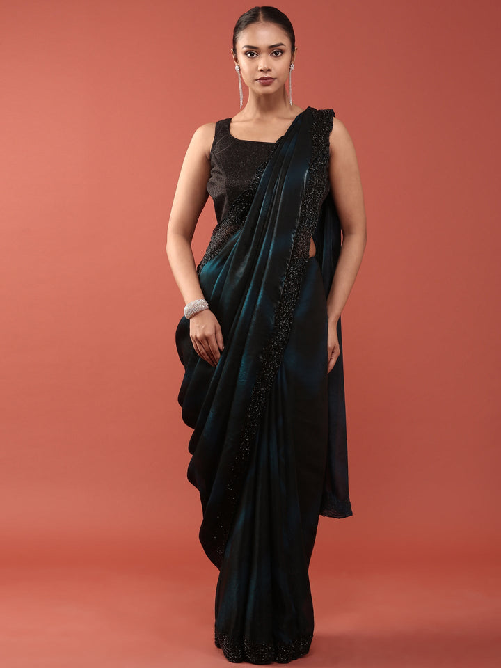 Neerus Blue embellished peacock motif saree - front view