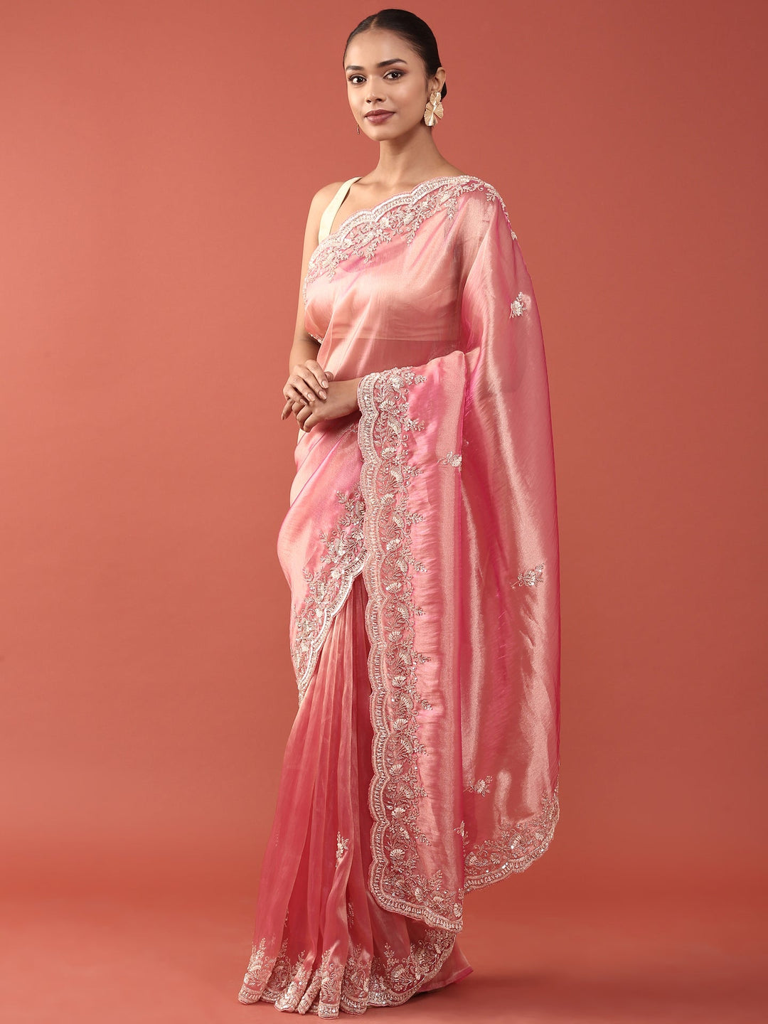 Neerus Pink Tissue Embroidered Saree - front view