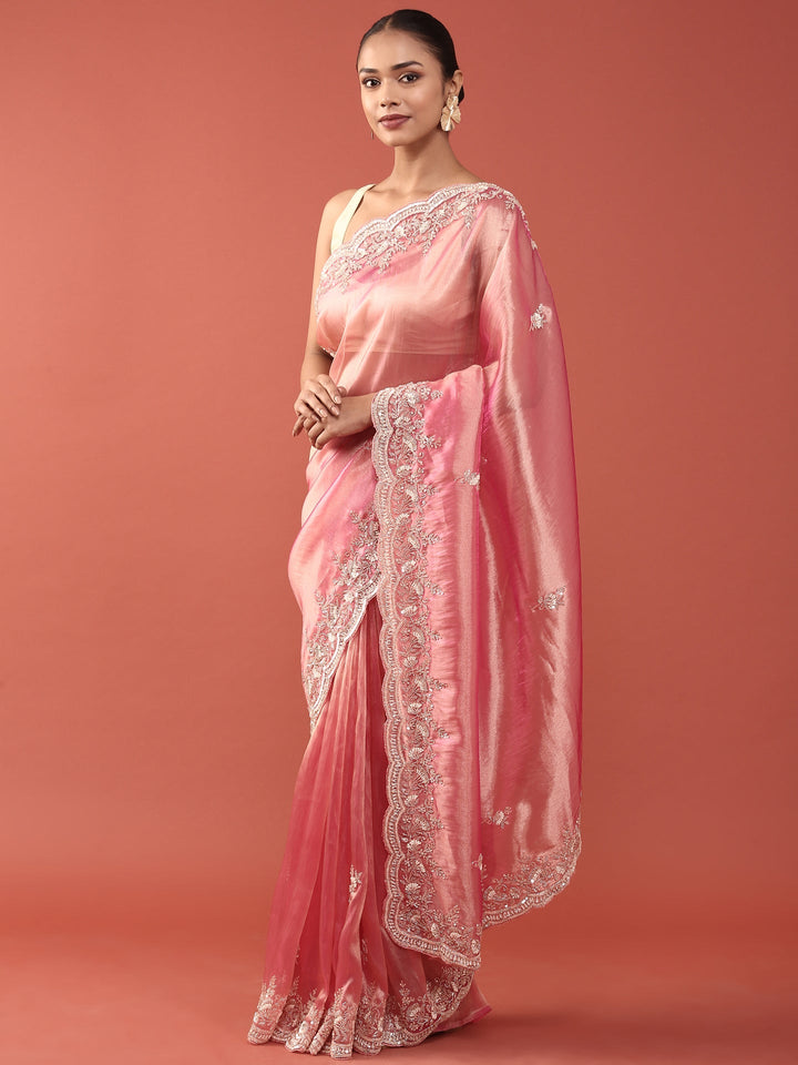 Neerus Pink Tissue Embroidered Saree - front view