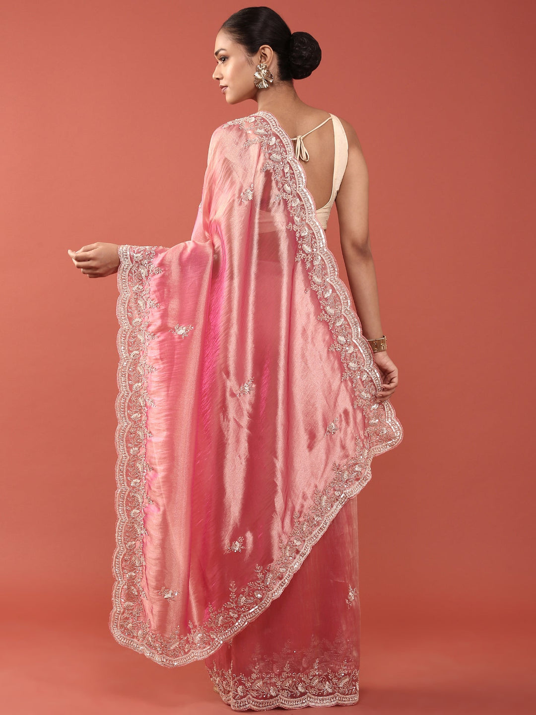 Neerus Pink Tissue Embroidered Saree - back view