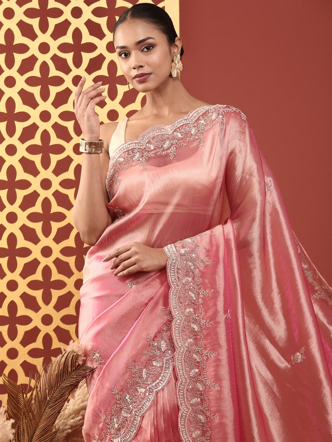 Neerus Pink Tissue Embroidered Saree - side view