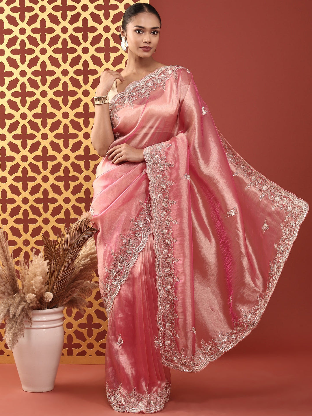 Neerus Pink Tissue Embroidered Saree - detail view 1