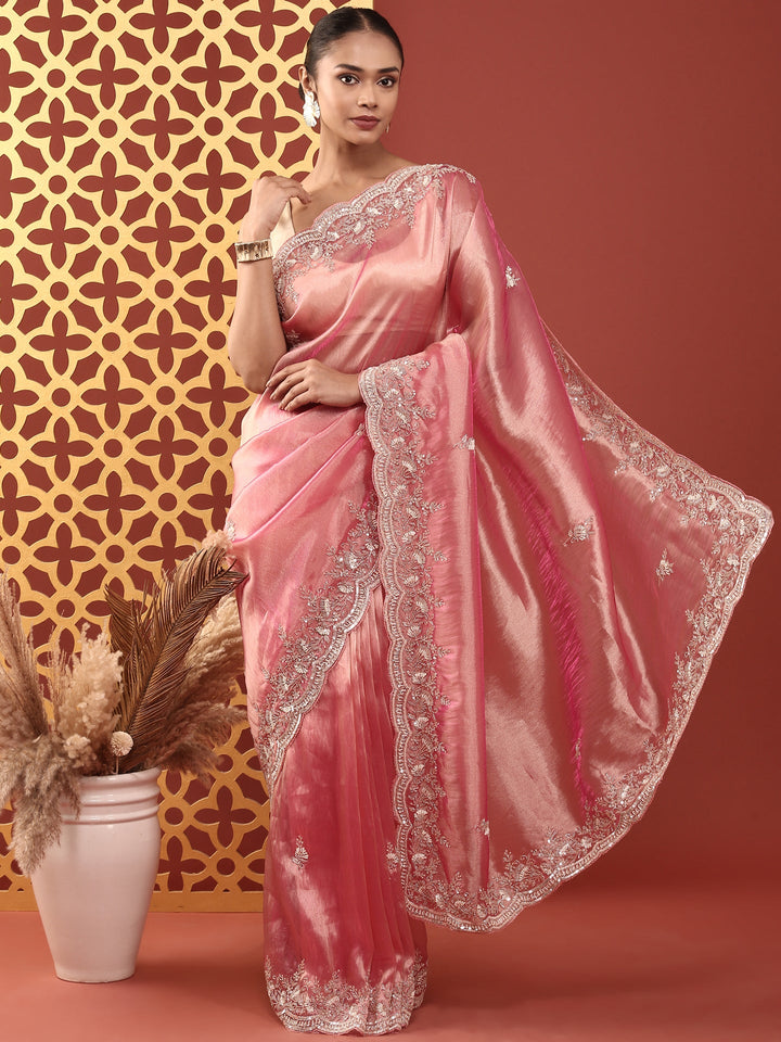 Neerus Pink Tissue Embroidered Saree - detail view 1