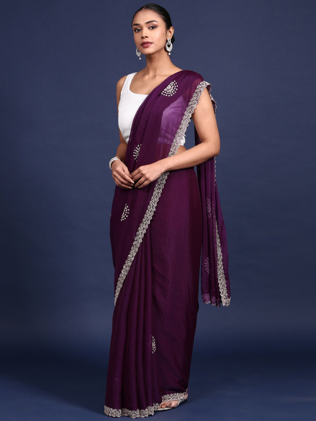 Neerus Purple satin hand embroidered saree - detail view 1