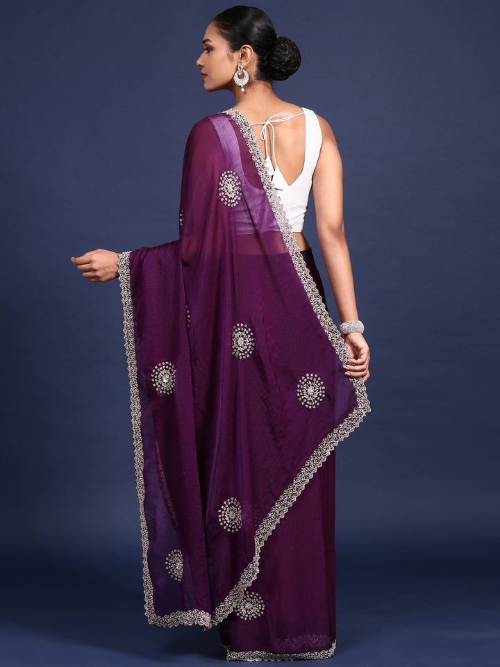 Neerus Purple satin hand embroidered saree - back view
