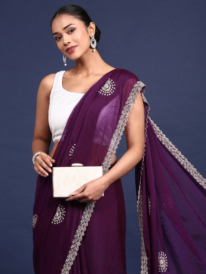 Neerus Purple satin hand embroidered saree - side view