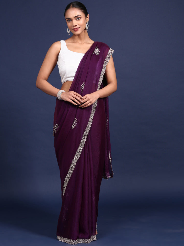 Neerus Purple satin hand embroidered saree - front view