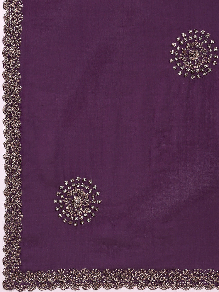 Neerus Purple satin hand embroidered saree - detail view 3