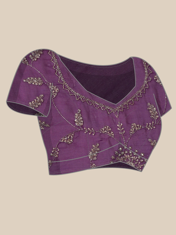 Neerus Purple satin hand embroidered saree - detail view 4