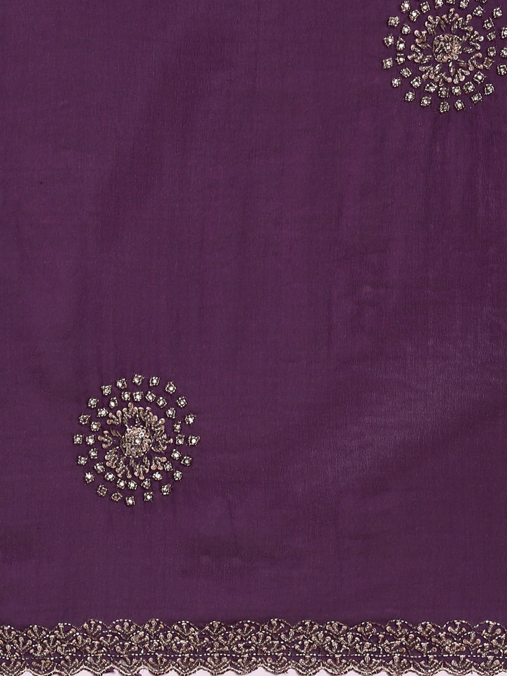 Neerus Purple satin hand embroidered saree - detail view 2