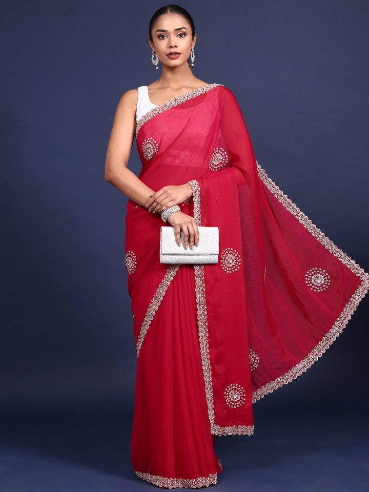 Neerus Pink satin hand embroidered saree - front view