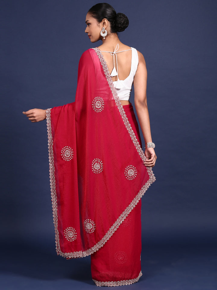 Neerus Pink satin hand embroidered saree - back view