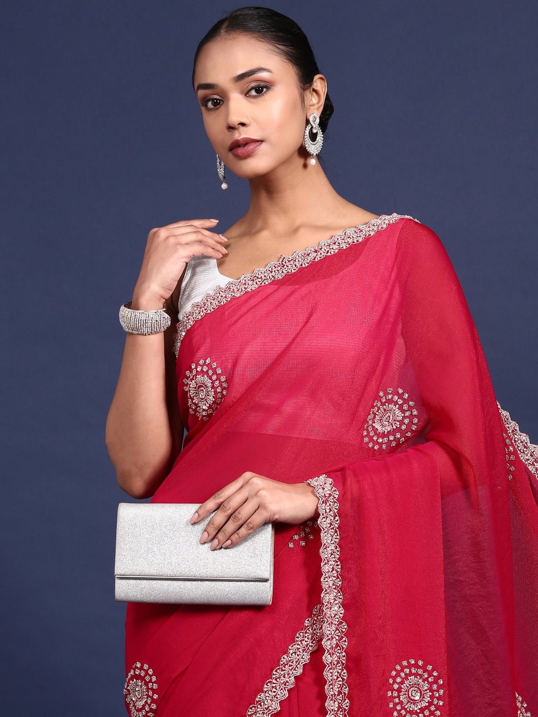 Neerus Pink satin hand embroidered saree - side view