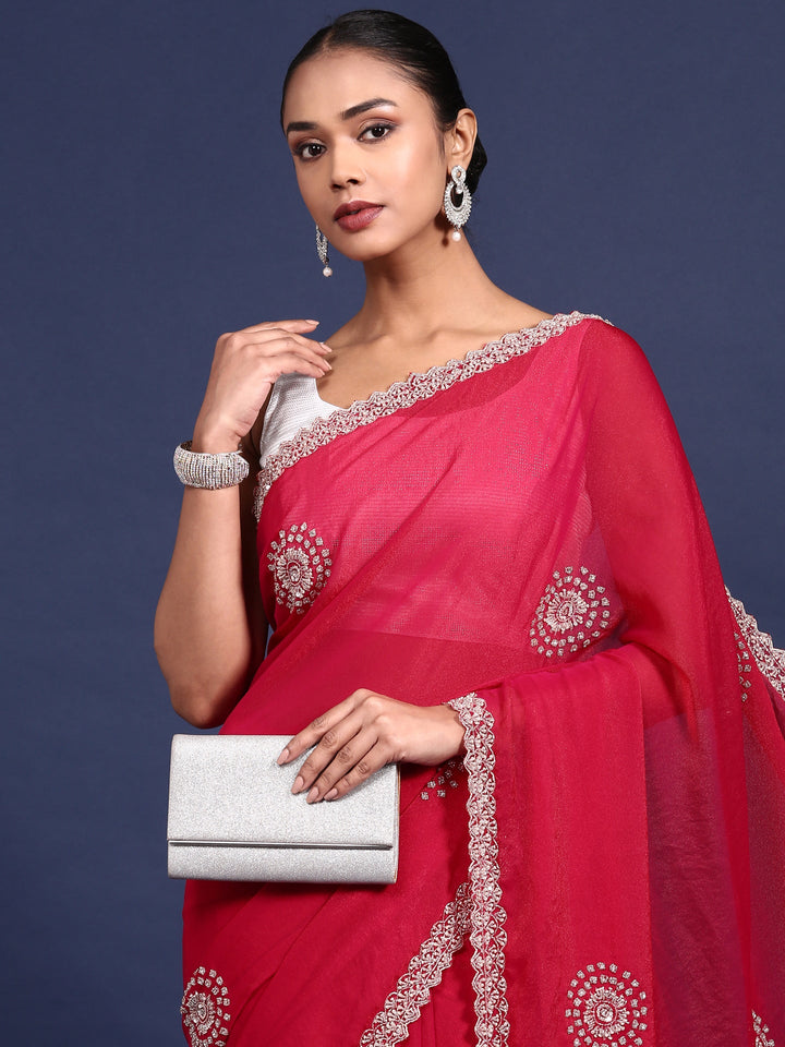 Neerus Pink satin hand embroidered saree - side view