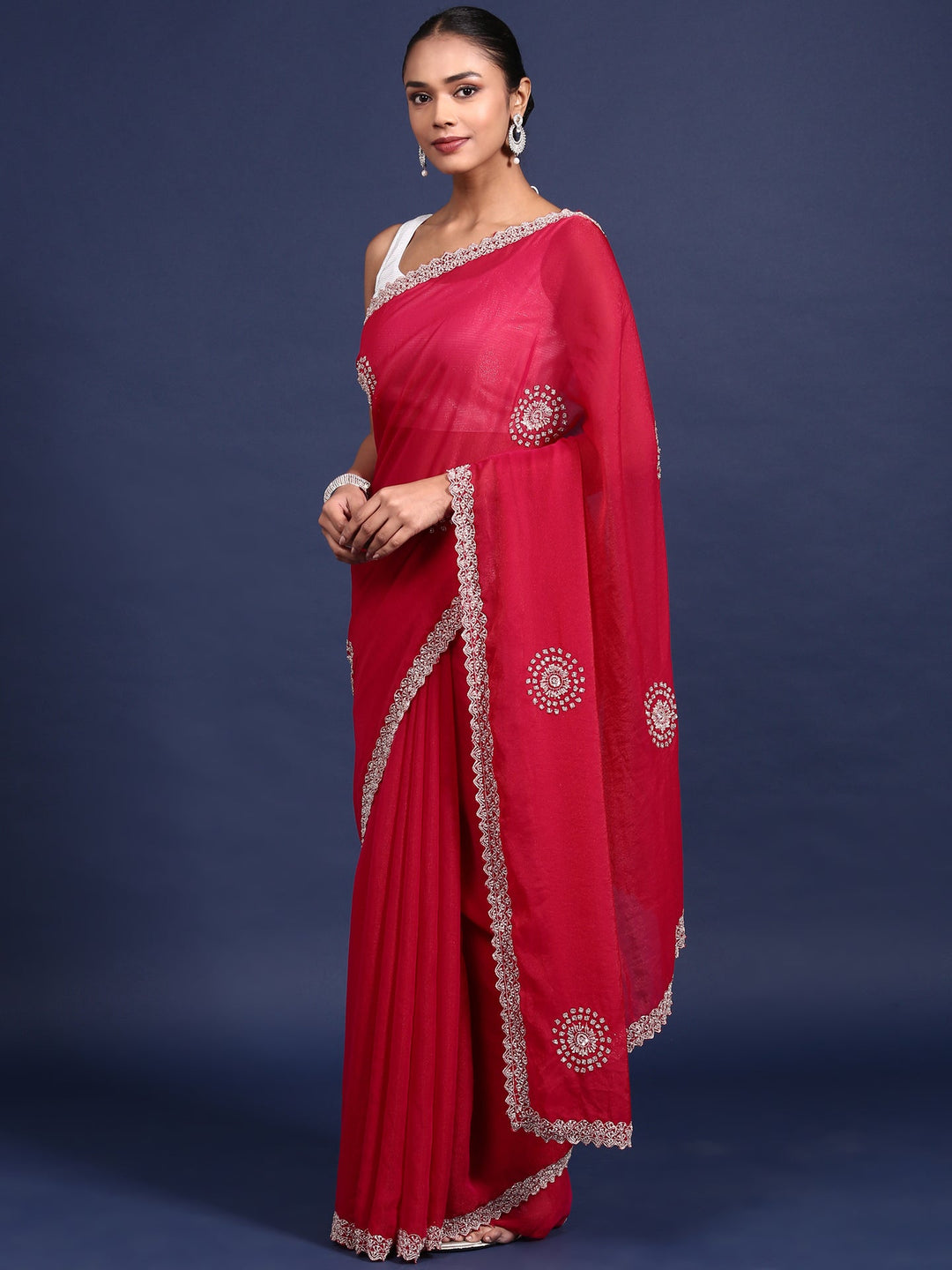 Neerus Pink satin hand embroidered saree - detail view 1