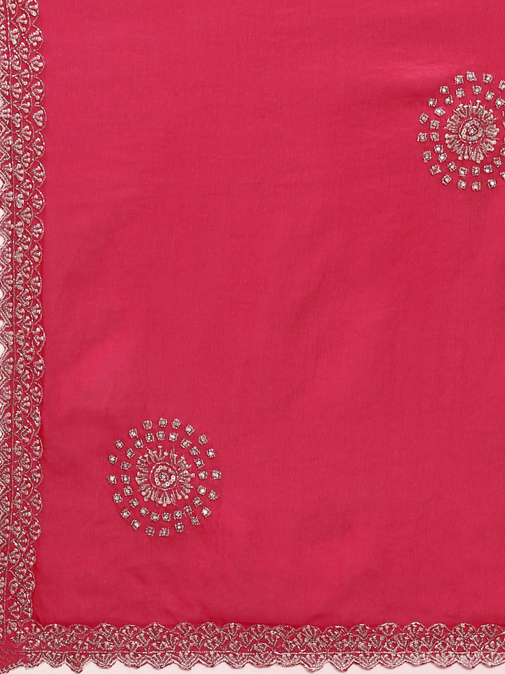 Rani Pink Satin Aari Embroidery Saree