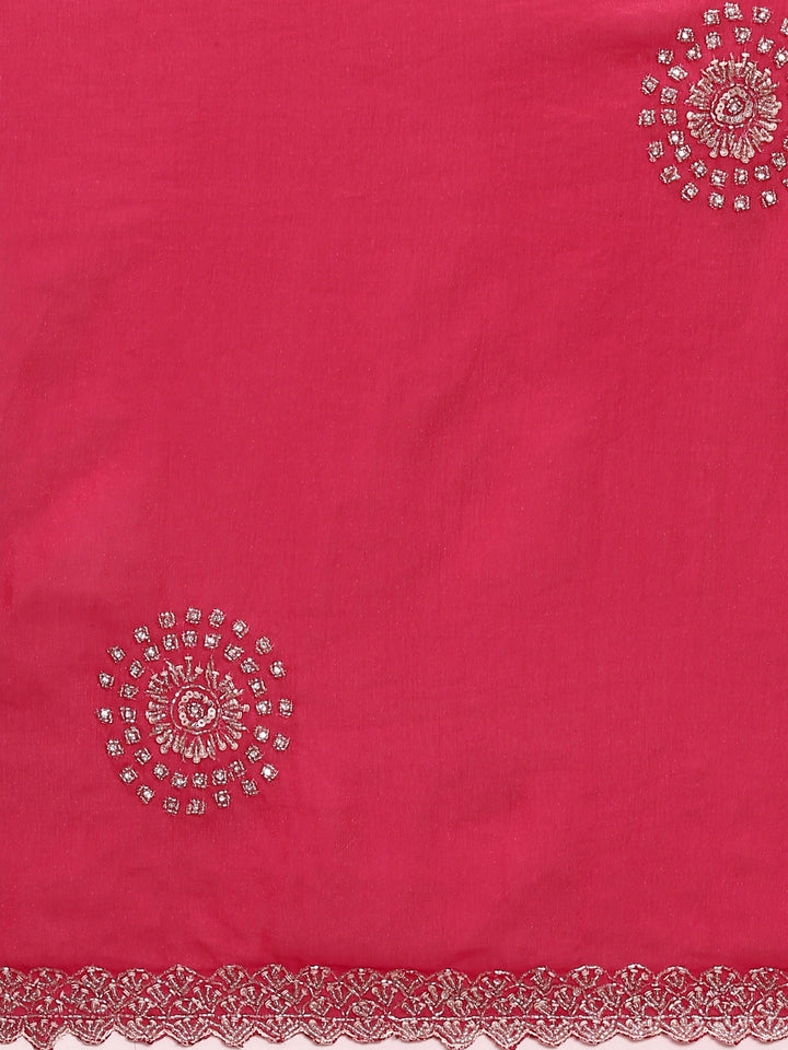 Rani Pink Satin Aari Embroidery Saree