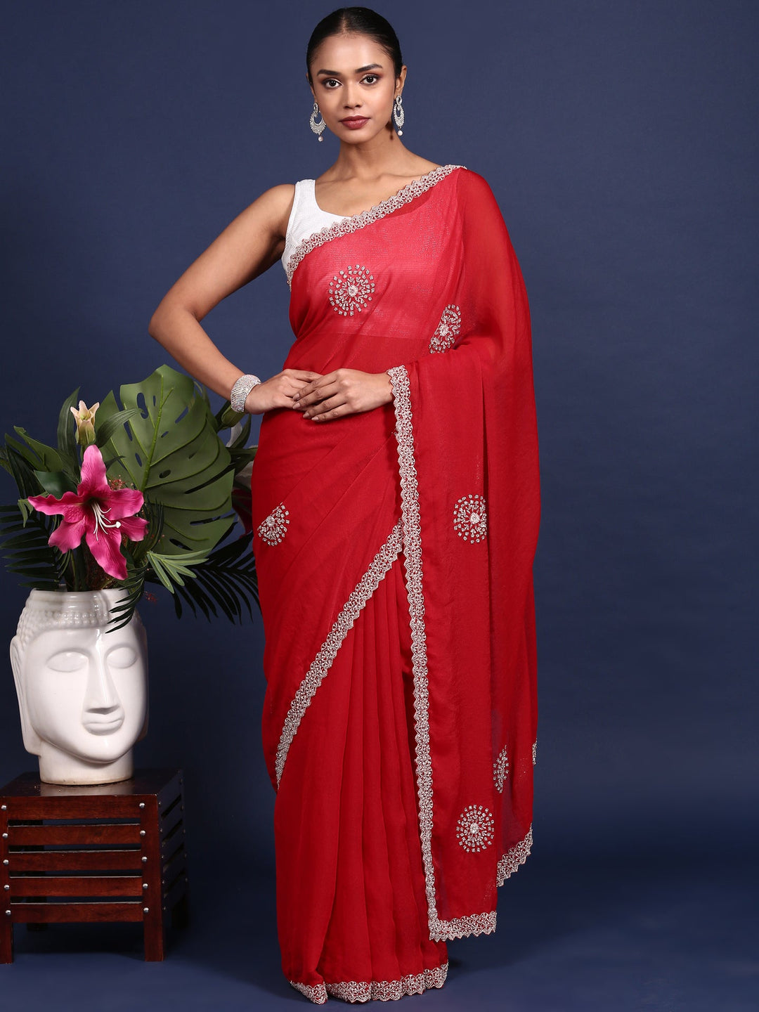 Neerus Red satin hand embroidered saree - front view