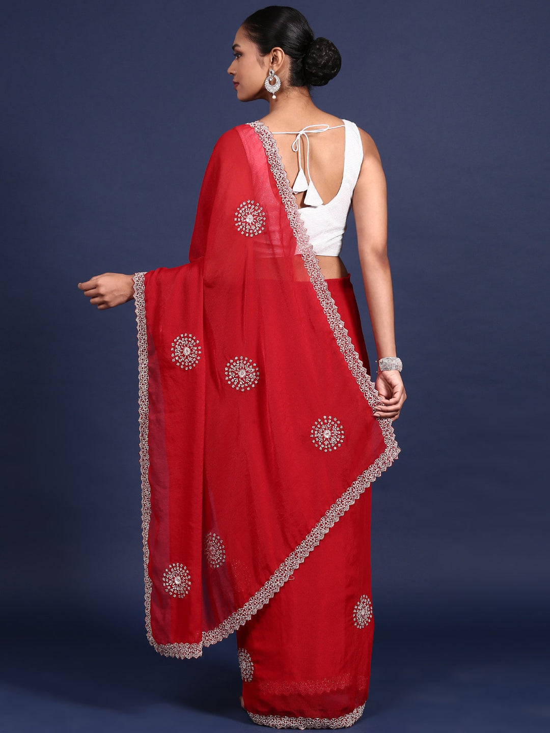 Neerus Red satin hand embroidered saree - back view
