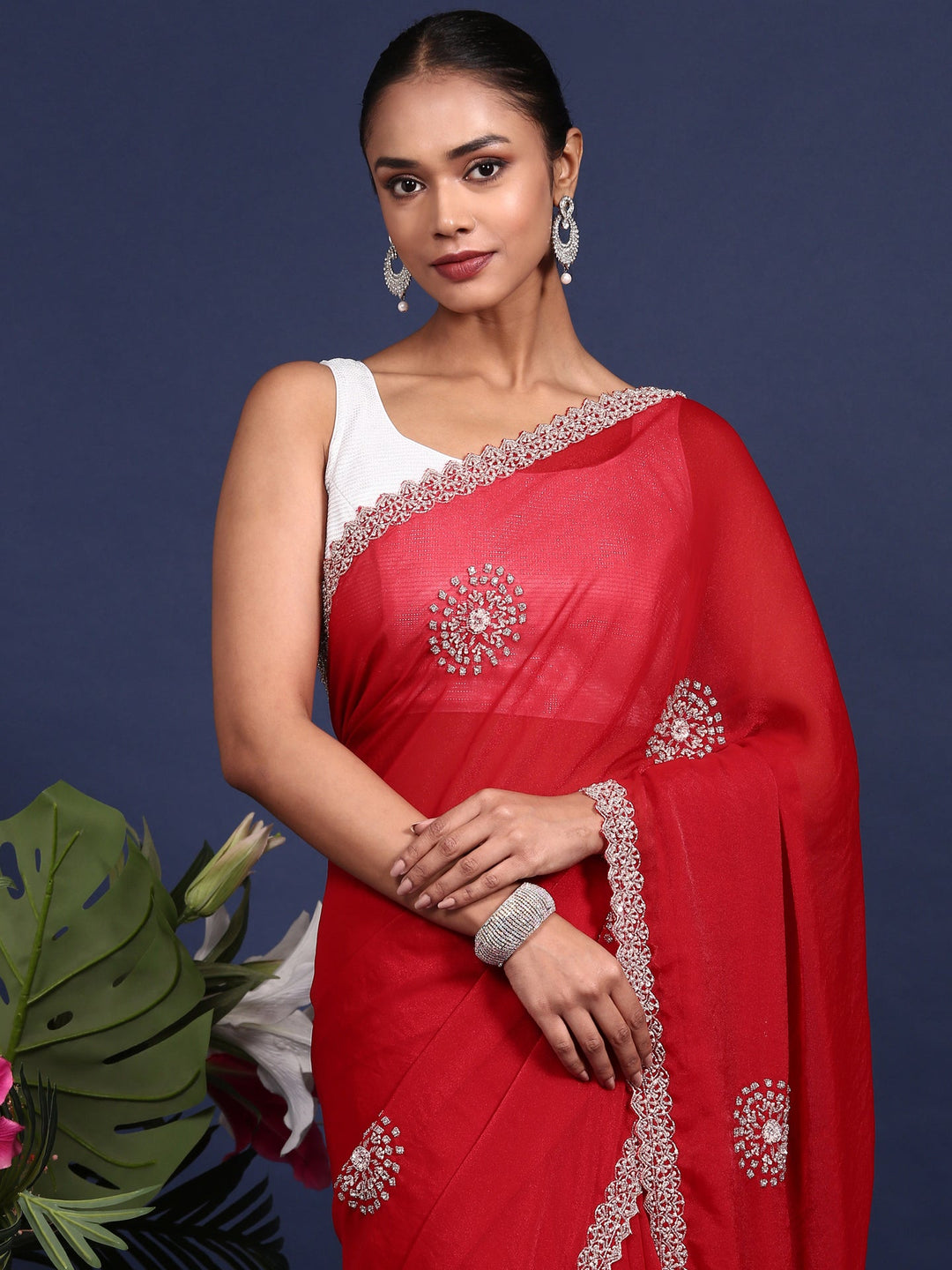 Neerus Red satin hand embroidered saree - side view