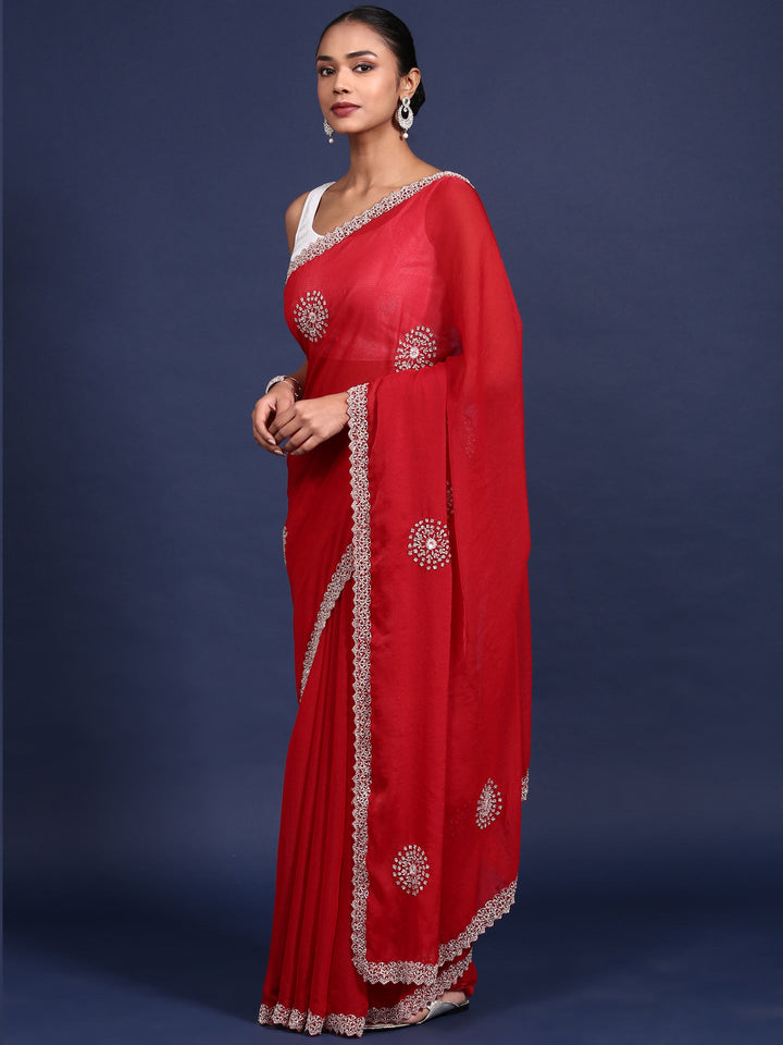 Red Satin Aari Embroidery Saree