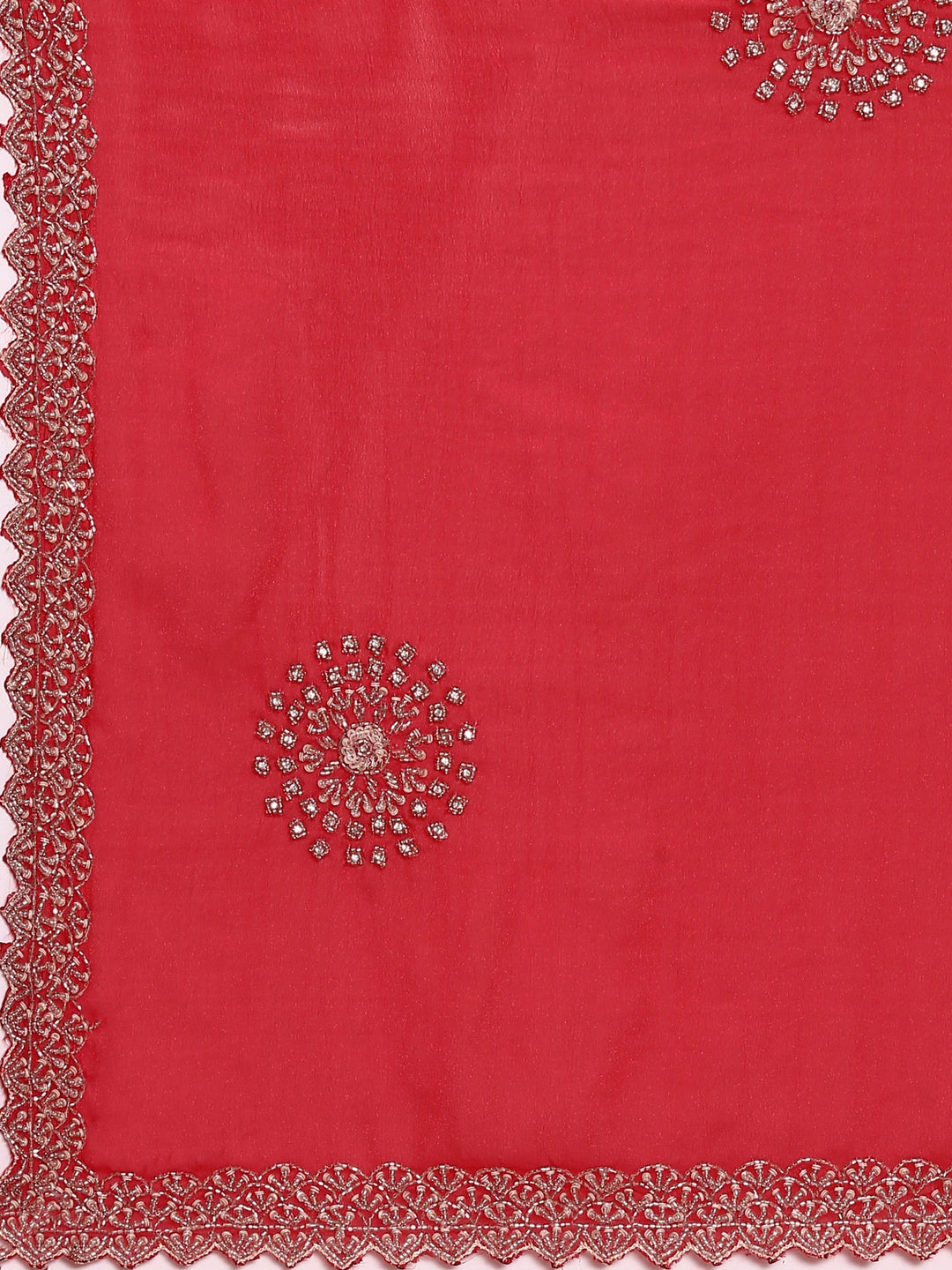 Neerus Red satin hand embroidered saree - detail view 3