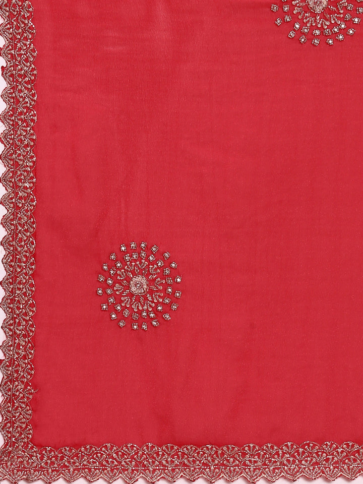 Red Satin Aari Embroidery Saree