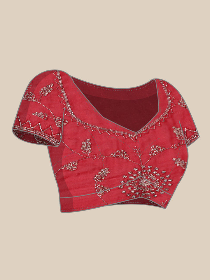 Neerus Red satin hand embroidered saree - detail view 4