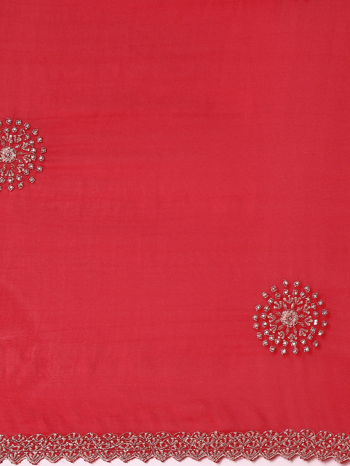 Red Satin Aari Embroidery Saree