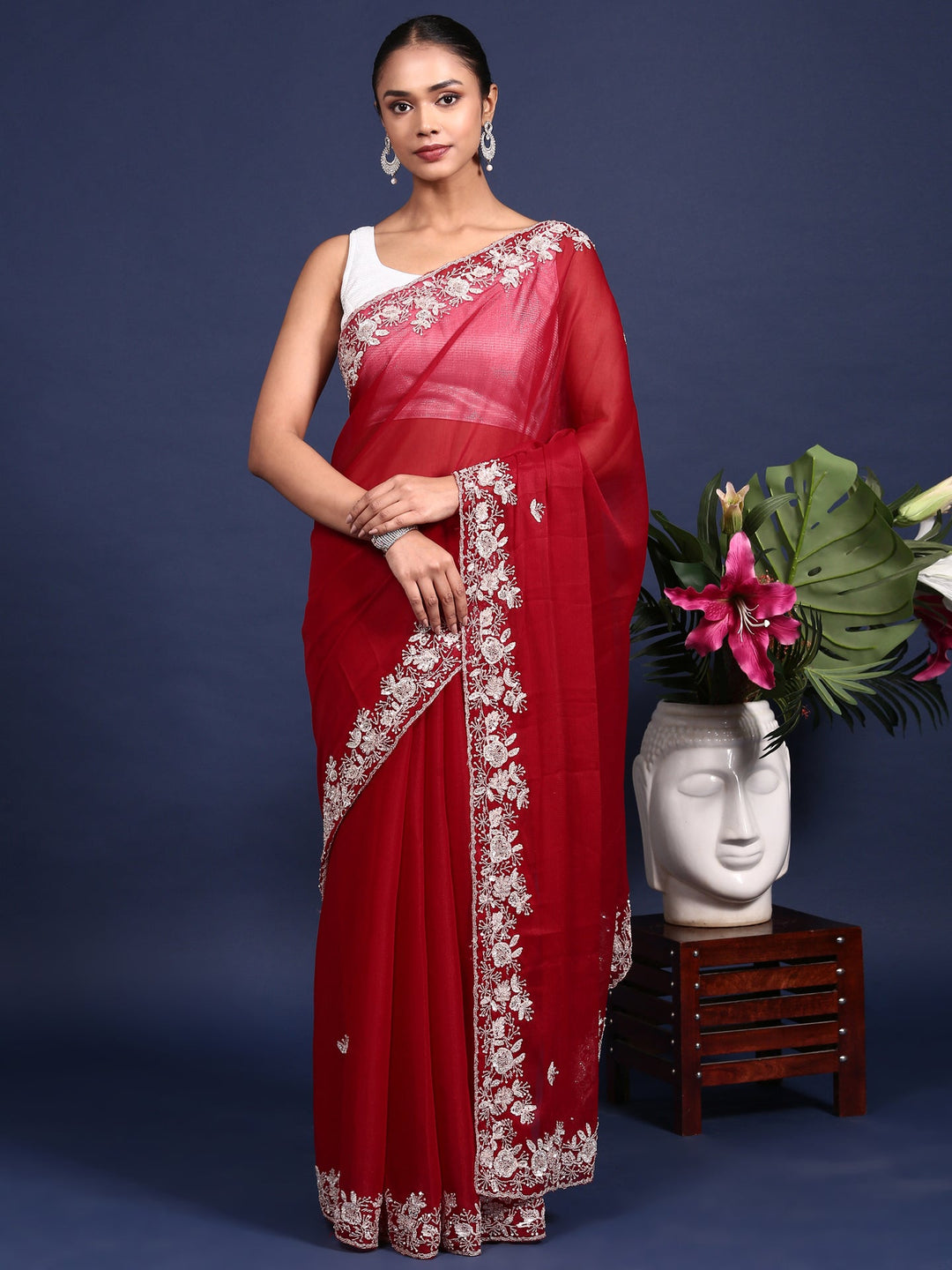 Neerus Maroon organza hand embroidered saree - front view