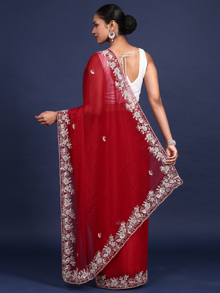 Neerus Maroon organza hand embroidered saree - back view