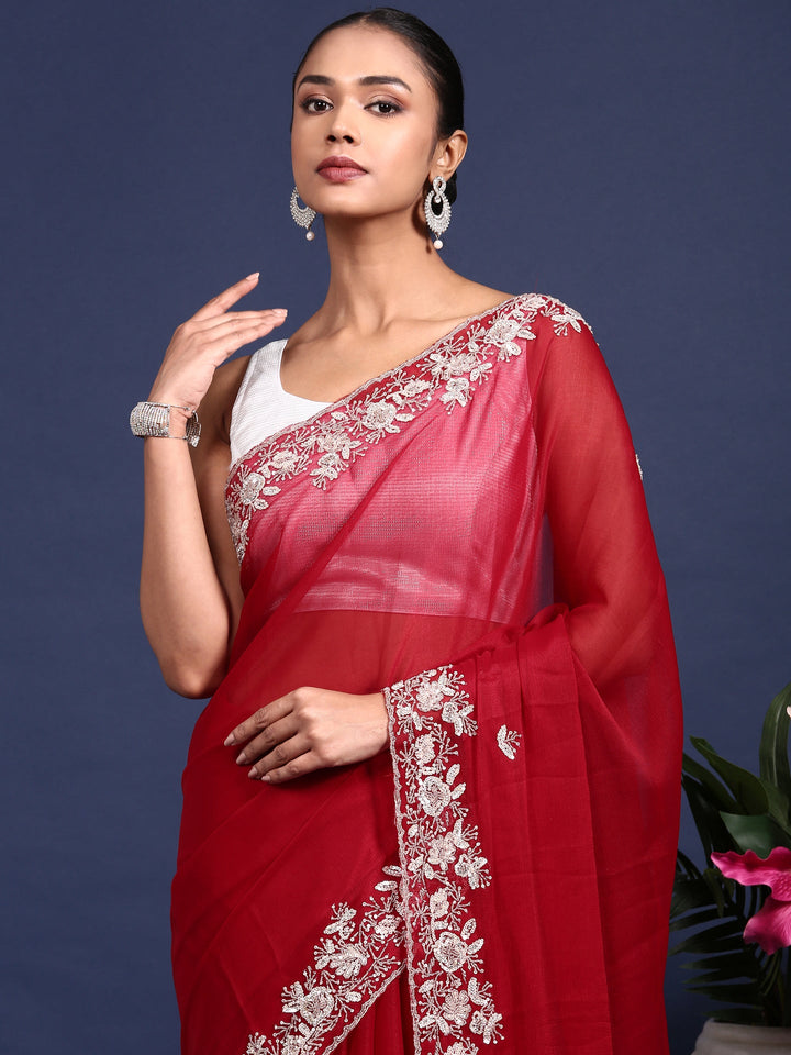 Neerus Maroon organza hand embroidered saree - side view