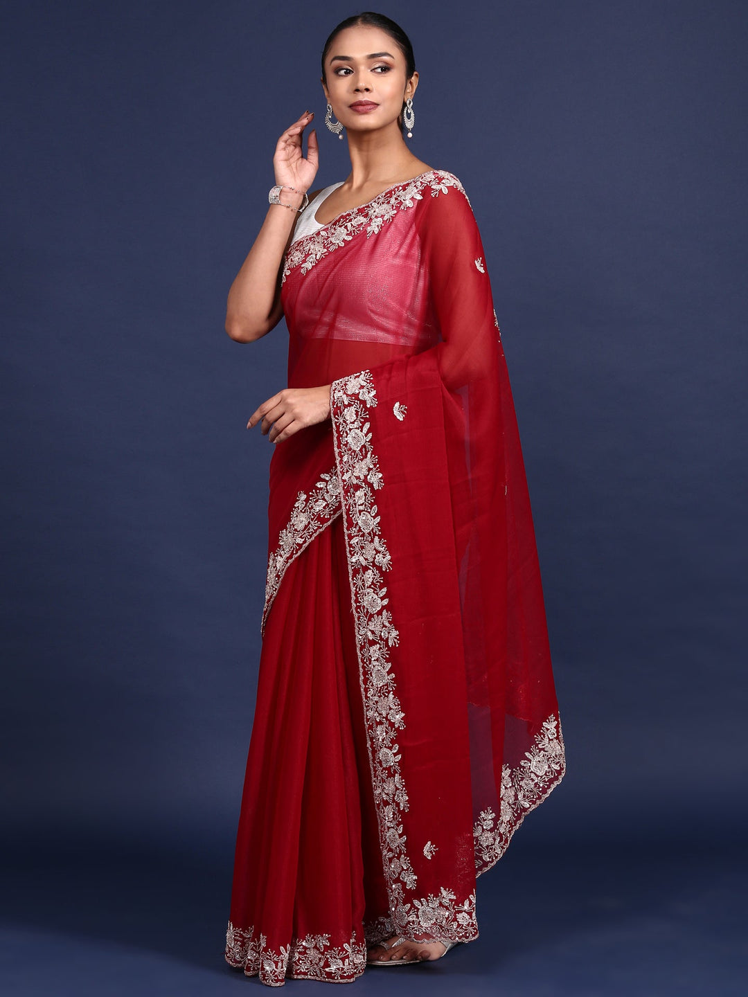 Neerus Maroon organza hand embroidered saree - detail view 1