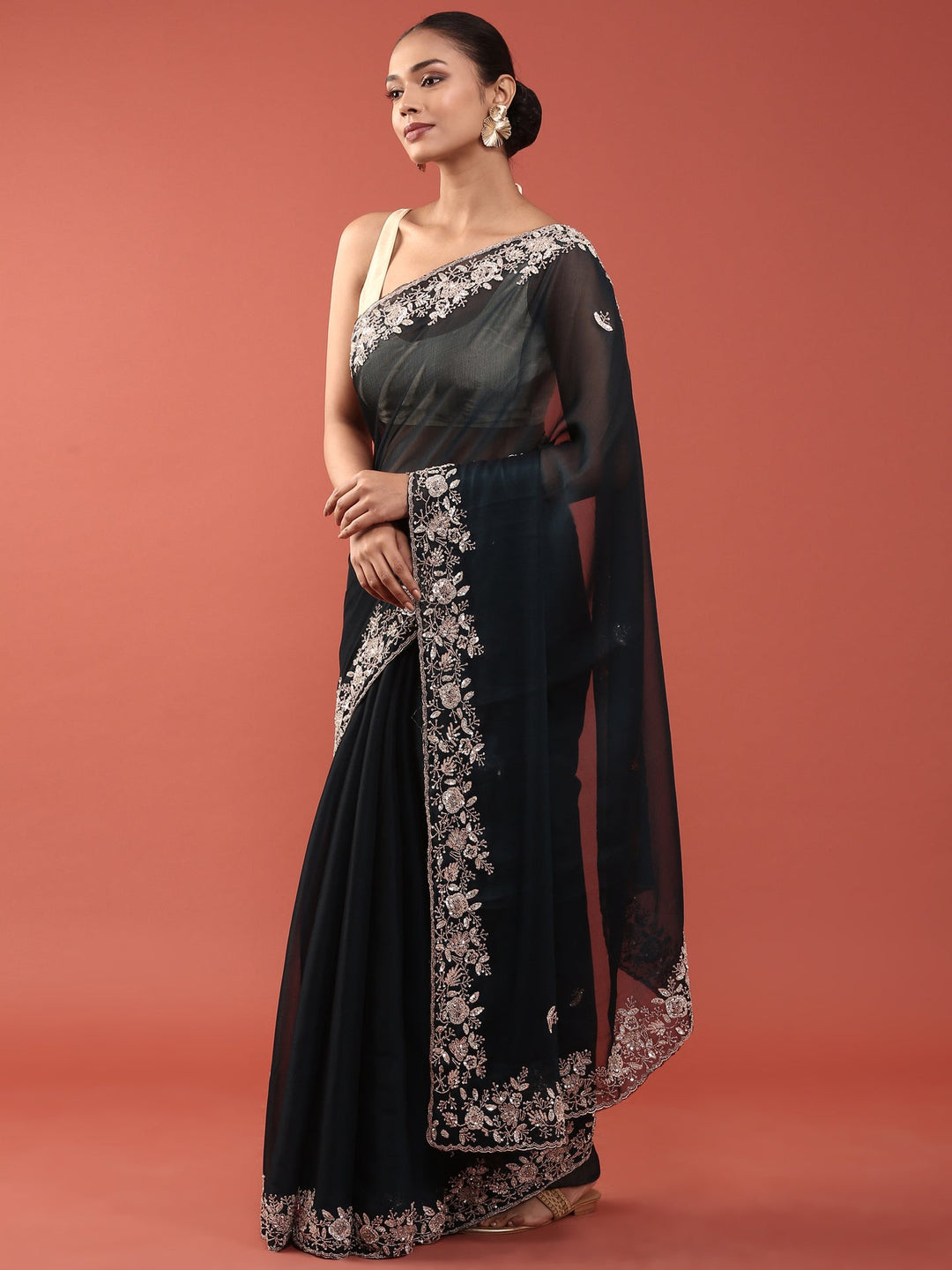 Neerus Blue organza hand embroidered saree with peacock motifs - detail view 1
