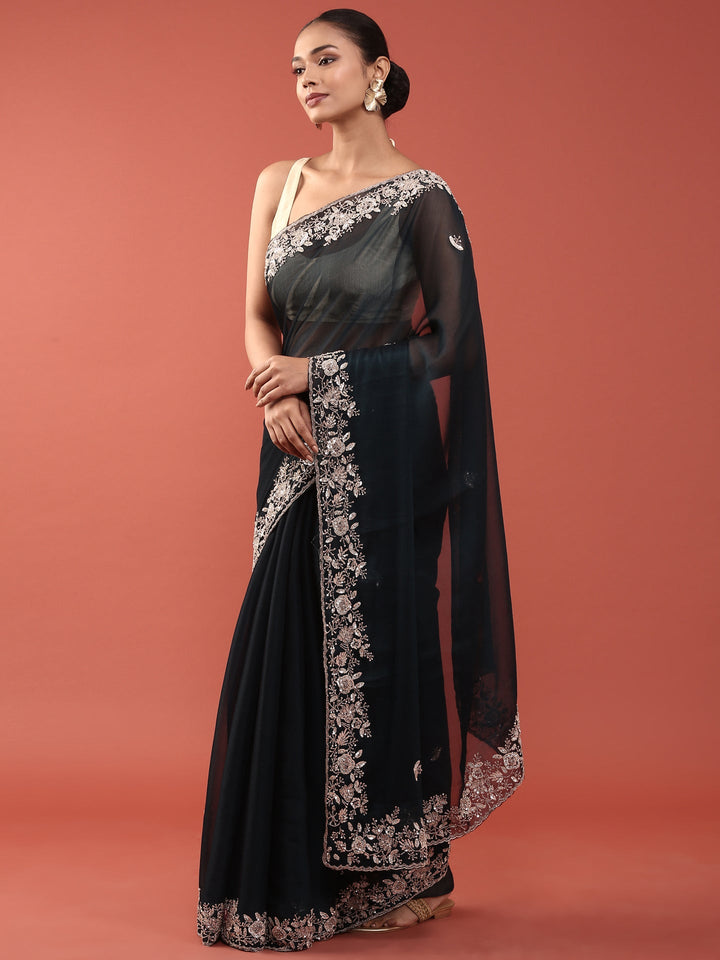 Neerus Blue organza hand embroidered saree with peacock motifs - detail view 1