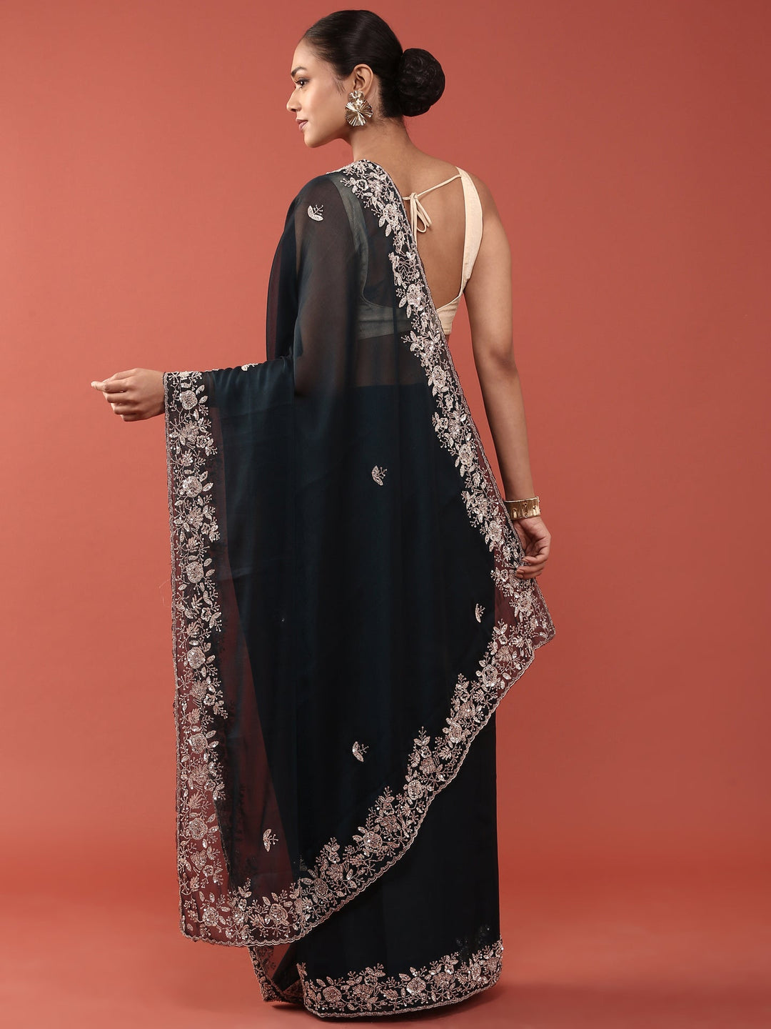 Neerus Blue organza hand embroidered saree with peacock motifs - back view
