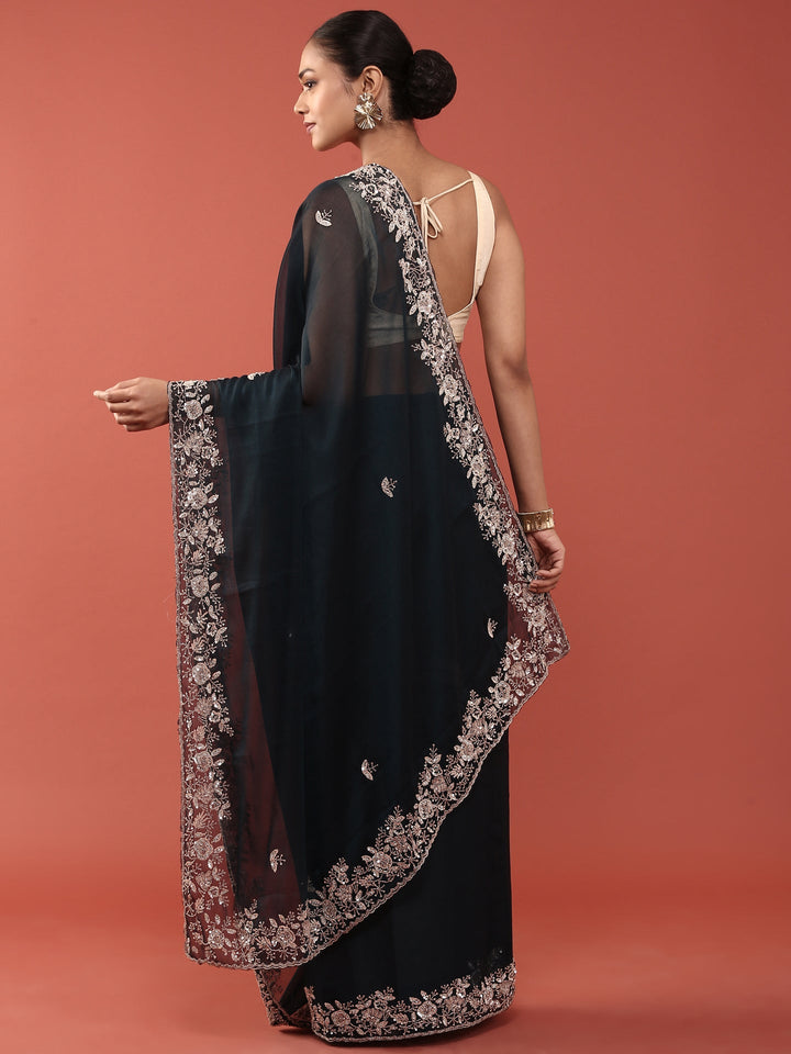Neerus Blue organza hand embroidered saree with peacock motifs - back view
