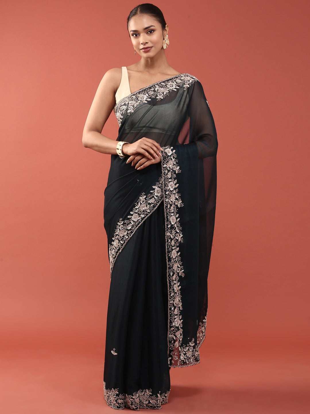 Neerus Blue organza hand embroidered saree with peacock motifs - front view