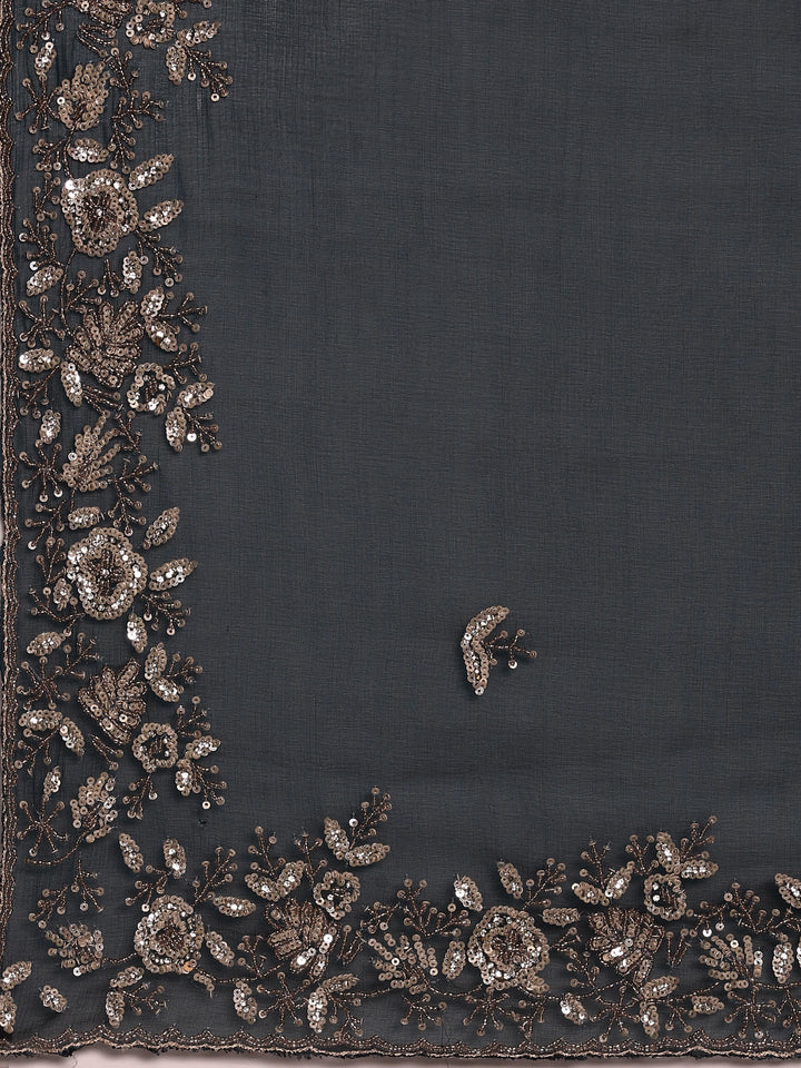 Neerus Blue organza hand embroidered saree with peacock motifs - detail view 3