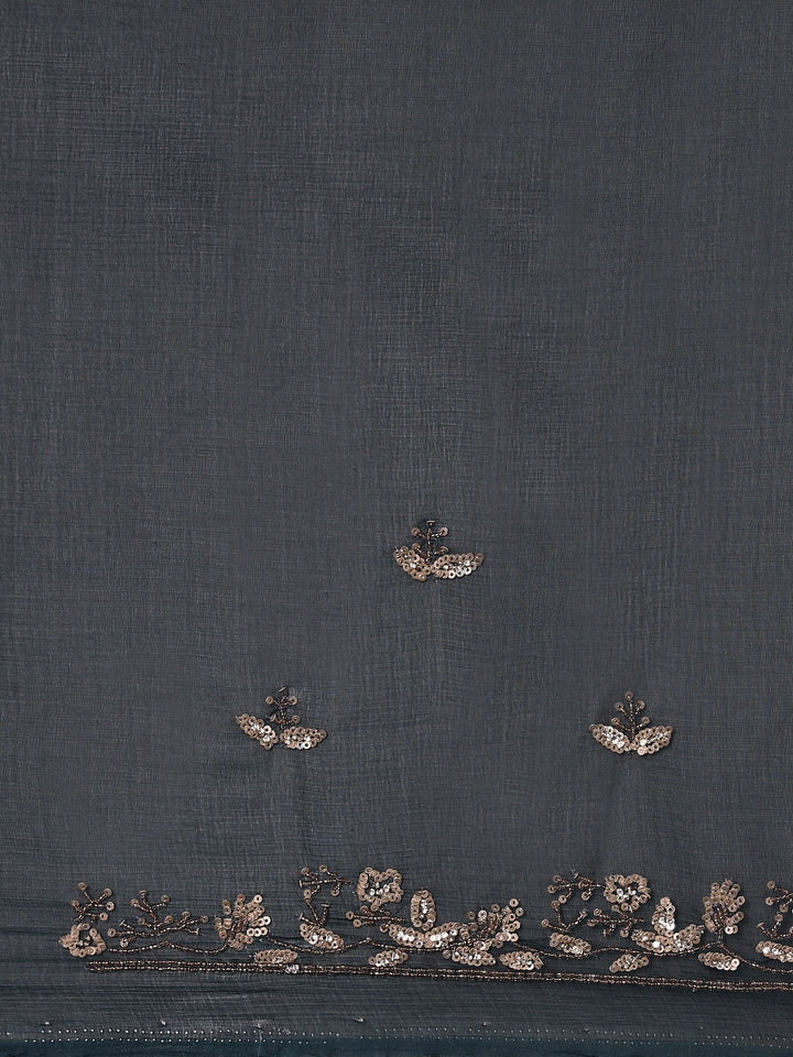 Neerus Blue organza hand embroidered saree with peacock motifs - detail view 2